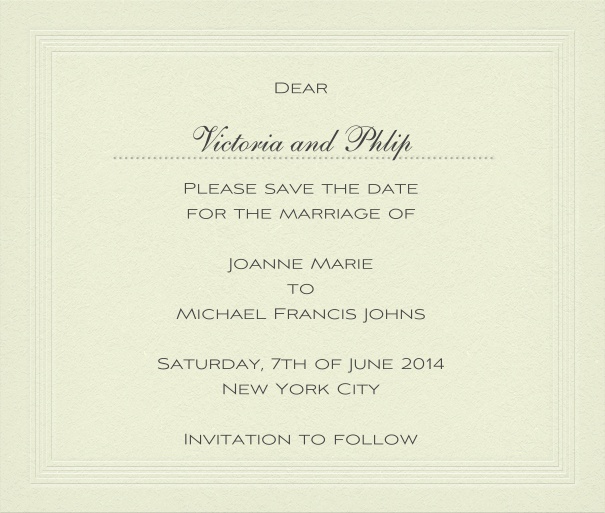 Classic wedding save the date card with personal addressing or recipient.