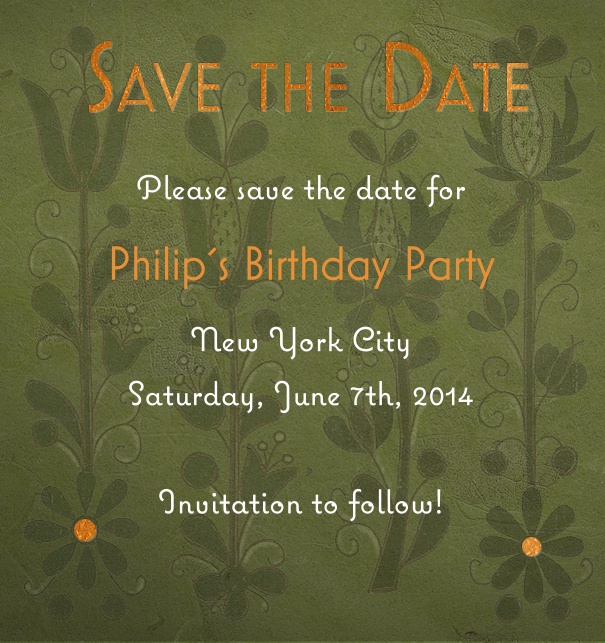 High Green Spring Themed Seasonal Wedding Save the Date Card with Flower Background.