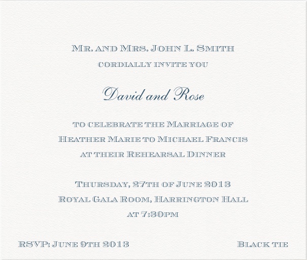 White, classic Wedding Invitation Card with blue letters.