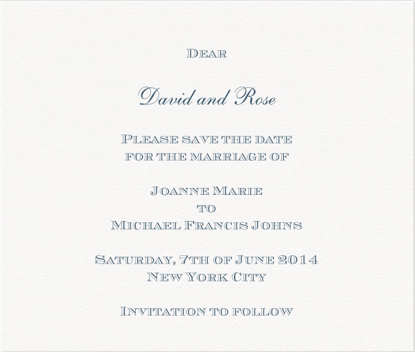 White formal Party Save the Date Card with Blue Text.