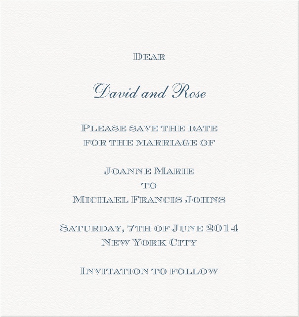 White formal Party Save the Date high format Card with Blue Text.