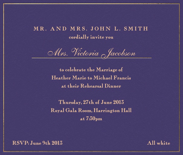 Purple, formal Wedding Invitation card with gold text.