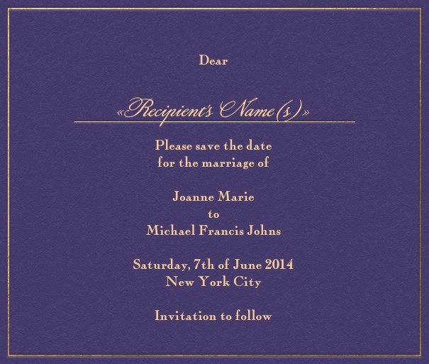 Purple online Wedding Save the Date Card with gold Border.