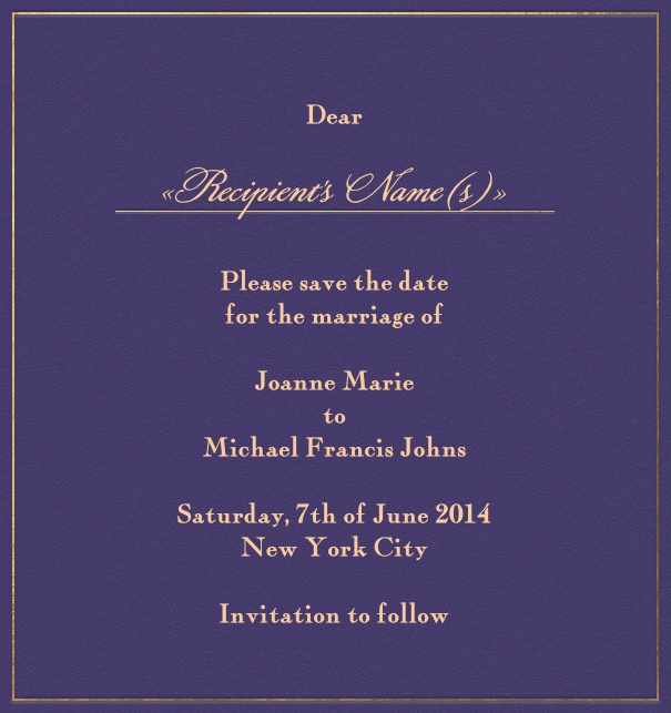 Purple online Wedding Save the Date high format Card with gold Border.