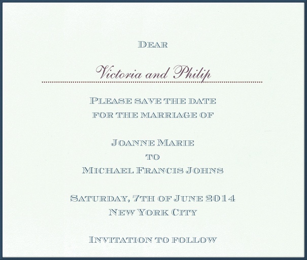 Online Hochzeits Save the Date Karte mit blauem Rand und persönlicher Anrede des Gastes.