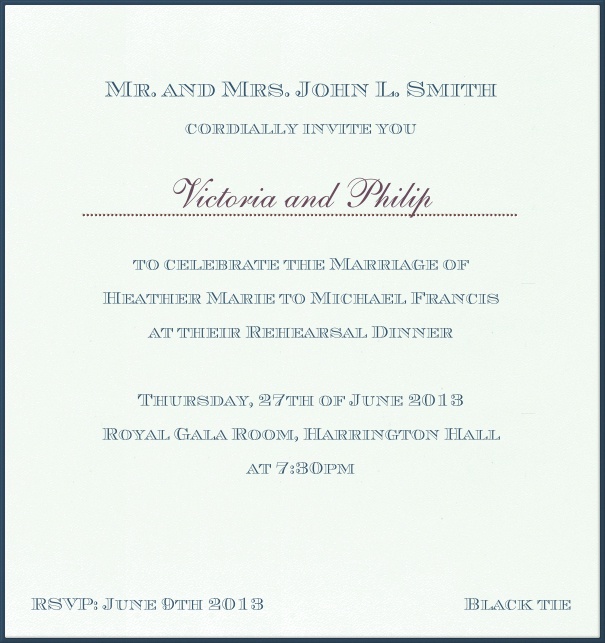 Weiße, formale Einladungskarte mit blauem Rahmen.