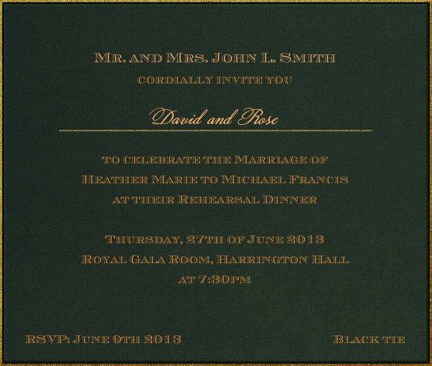 Square Green classic formal themed invitation template with gold text.