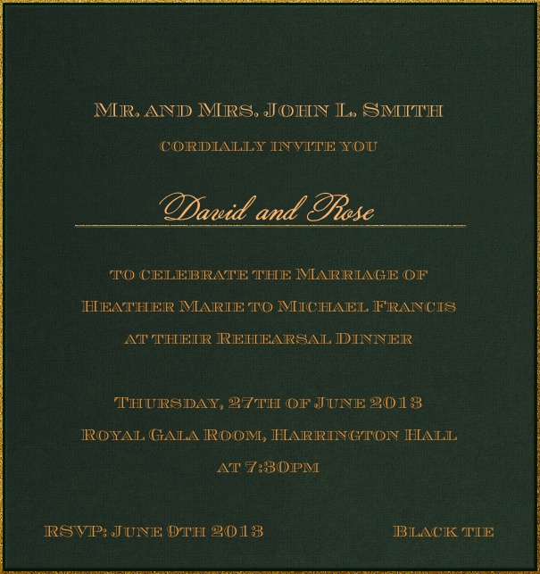 High Format Green classic formal themed invitation template with gold text.