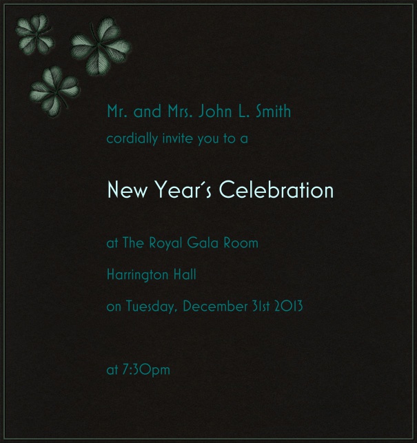 Dark grey celebration high format invitation card with greenish flowers in the top left corner of card.