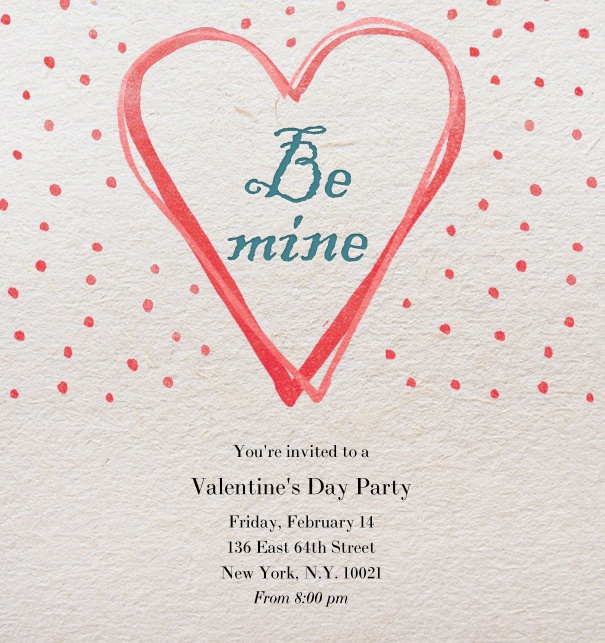 Weiße Online Valentins Einladungskarte mit Schriftzug Be mine in rotem Herz, roten Punkten und editierbarem Textfeld.