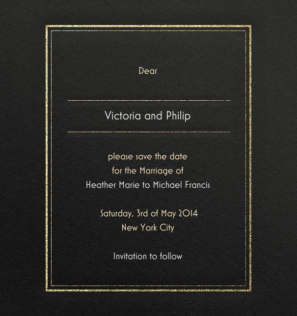 Modern Formal wedding Save the Date Card online in black with gold border.