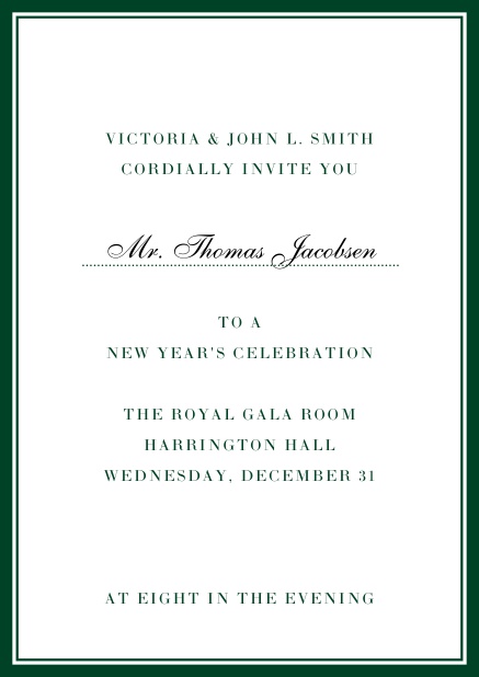 Invitation card with golden, grey frame with dotted line for name of recipient. Green.