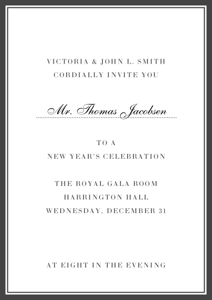 Invitation card with golden, grey frame with dotted line for name of recipient. Grey.