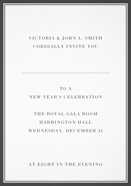 Invitation card with double lined frame and dotted line for name of recipient. Grey.