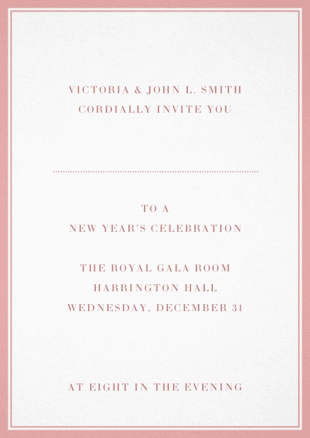 Invitation card with double lined frame and dotted line for name of recipient. Pink.