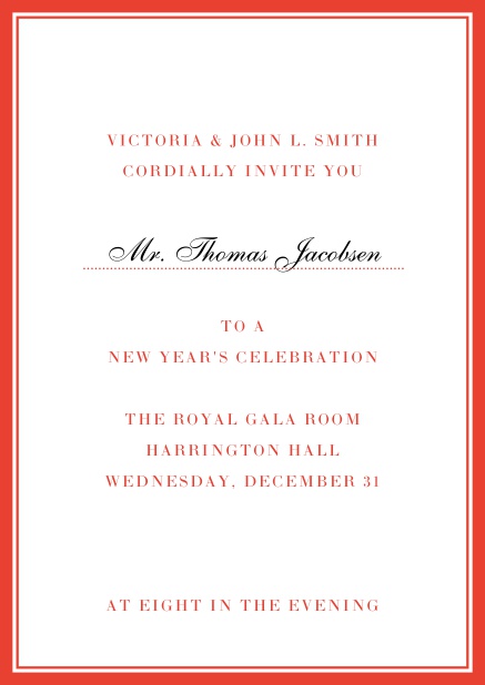 Invitation card with golden, grey frame with dotted line for name of recipient. Red.