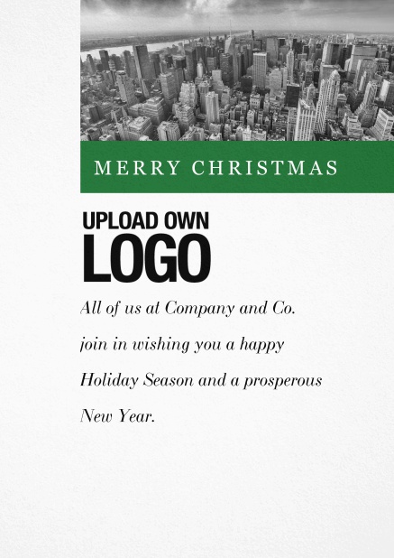 Corporate Christmas card with photo field and own logo option and green text field.. Green.