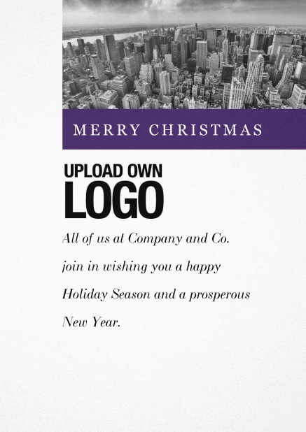 Corporate Christmas card with photo field and own logo option and green text field.. Purple.