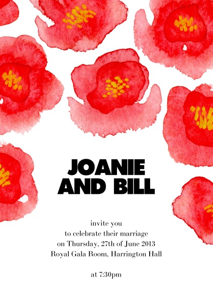 Online wedding invitation card with red flowers.