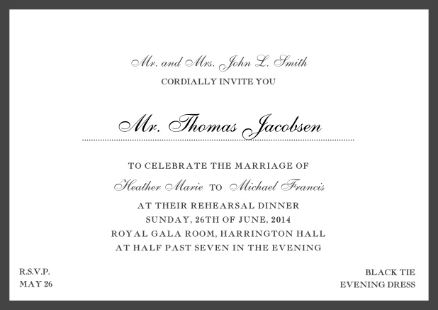 Online classic invitation card with yellow border and dotted line for recipient's name. Black.