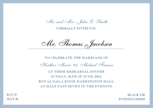 Online classic invitation card with yellow border and dotted line for recipient's name. Blue.