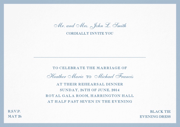 Invitation card with frame and font combination - available in different colors. Blue.