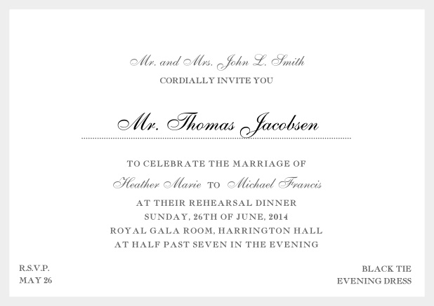 Online classic invitation card with yellow border and dotted line for recipient's name. Grey.