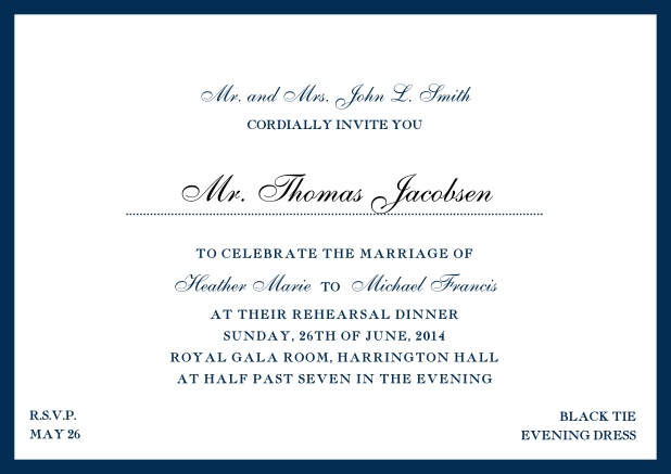 Online classic invitation card with yellow border and dotted line for recipient's name. Navy.