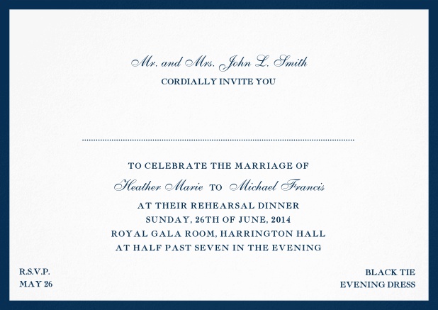 Invitation card with frame and font combination - available in different colors. Navy.