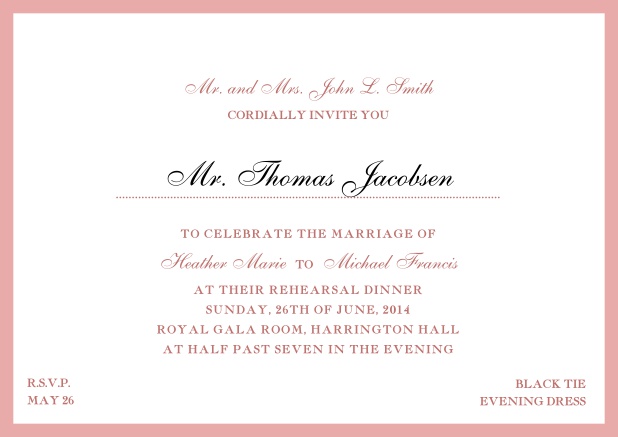 Online classic invitation card with yellow border and dotted line for recipient's name. Pink.