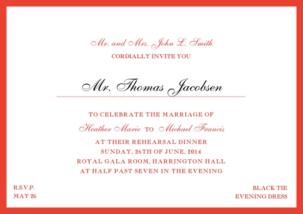Online classic invitation card with yellow border and dotted line for recipient's name. Red.
