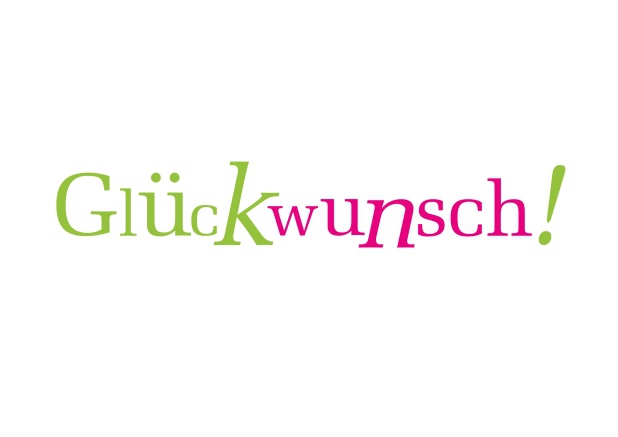 Online Weiße Grußkarte mit der grün-rosafarbenen Aufschrift "Glückwunsch".