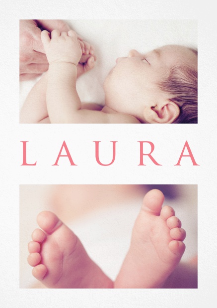 Fotokarte für Geburtsanzeige mit zwei veränderbaren Fotos und editierbarem Babynamen in der mitte. Rosa.