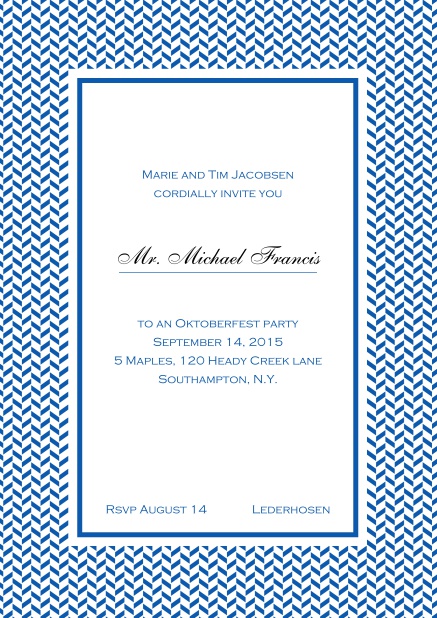 Classic online high invitation card with thin waves frame and editable text. Blue.