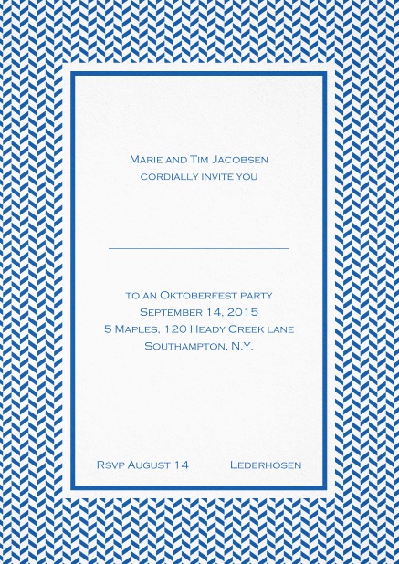 Classic high invitation card with thin waves frame and editable text. Blue.