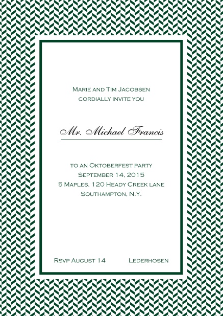 Classic online high invitation card with thin waves frame and editable text. Green.