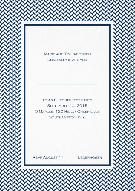 Classic high invitation card with thin waves frame and editable text. Navy.
