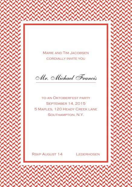Classic online high invitation card with thin waves frame and editable text. Red.