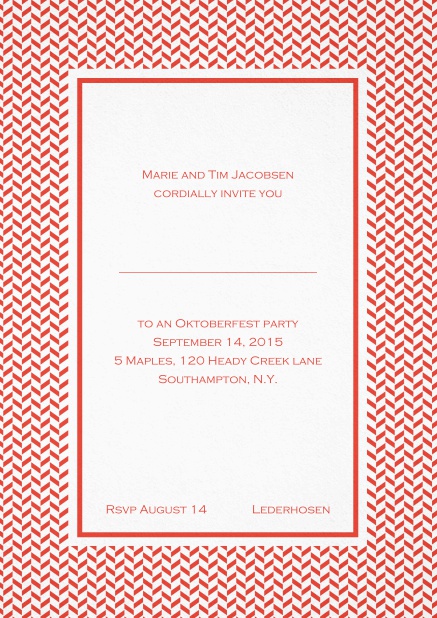 Classic high invitation card with thin waves frame and editable text. Red.