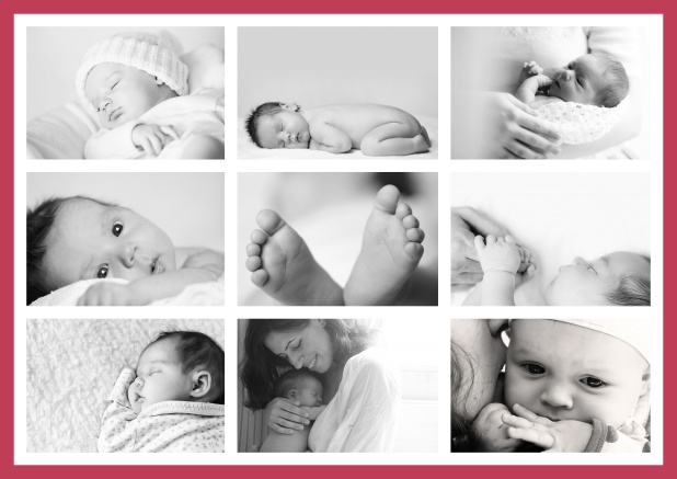 Online Birth announcement card with delicate frame in many colors with 9 photo fields on the front of four designed pages. Red.