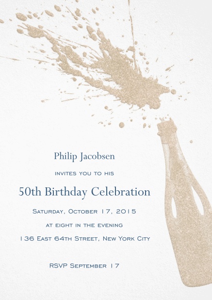 Birthday invitation card with champagne bottle with a splash.
