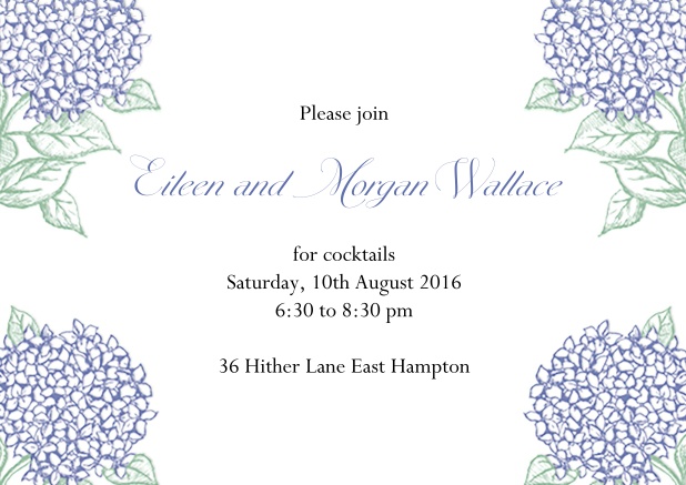 Online Sommer Cocktail Einladungskarte mit bunten blauen Blumen.