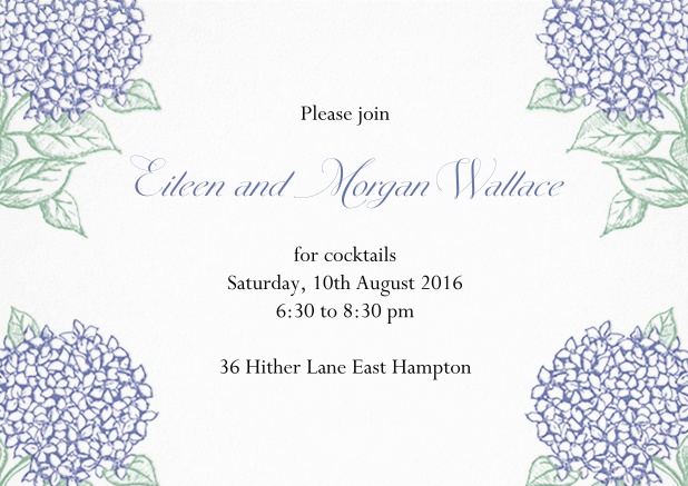 Summer cocktail invitation card with charming blue flowers.