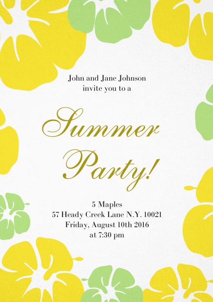 Summer party invitation card with hibiscus flower frame. Yellow.