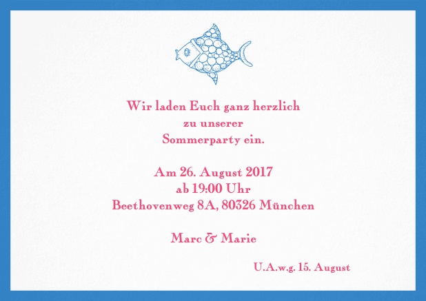 Einladungskarte mit einem kunstvoll gezeichnetem Fisch und passendem Rahmen. Blau.