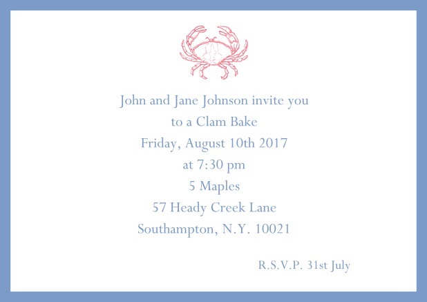 Online Invitation cad with Crab perfect for summer fun, clam bakes, crab cakes and more Blue.
