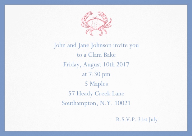 Invitation cad with Crab perfect for summer fun, clam bakes, crab cakes and more Blue.