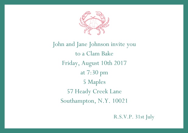 Online Invitation cad with Crab perfect for summer fun, clam bakes, crab cakes and more Green.