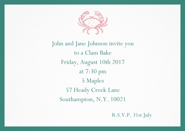 Invitation cad with Crab perfect for summer fun, clam bakes, crab cakes and more Green.