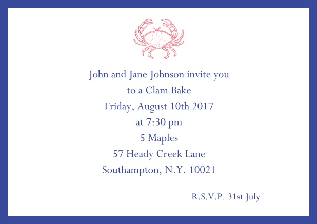 Online Invitation cad with Crab perfect for summer fun, clam bakes, crab cakes and more